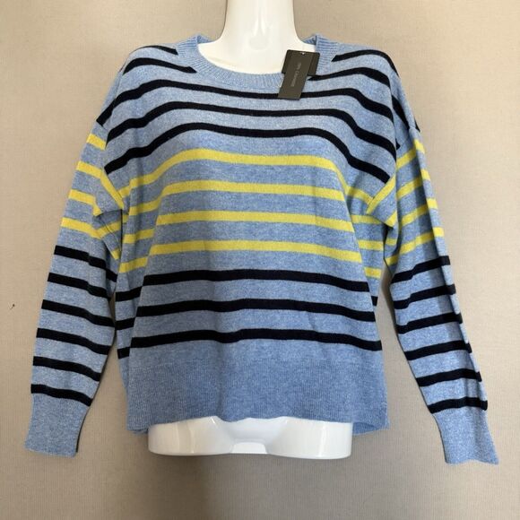 Magaschoni 100% Cashmere Sweater Medium Blue Striped Womens Crew Neck Preppy New - Picture 1 of 9
